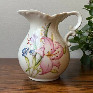Porcelain Small Pitcher Big Creamer Jug Japan Pink Lily Blue Iris